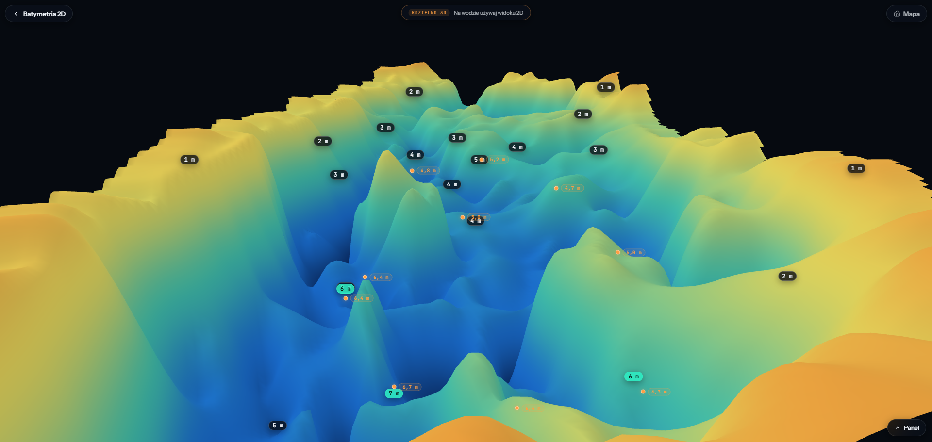 Widok 3D topografii dna jeziora w aplikacji fishRadar — kolorowa mapa glebin od zoltego przez zielony do granatowego z widocznymi wzniesieniami i rowami podwodnymi oraz markerami lowisk