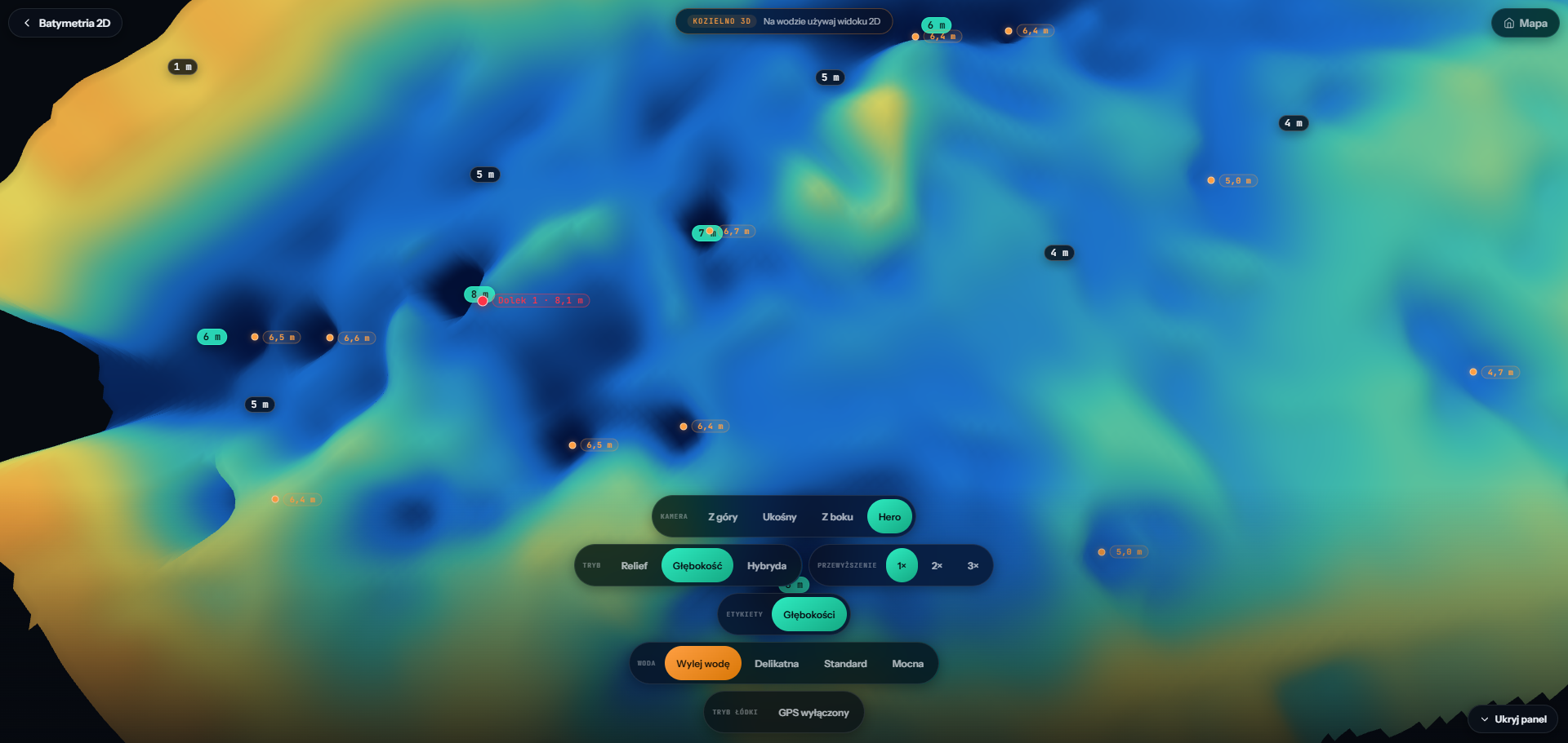 Mapa glebin Zbiornika Kozielno w fishRadar z widocznymi markerami GPS lowisk wedkarskich polecanych przez spolecznosc