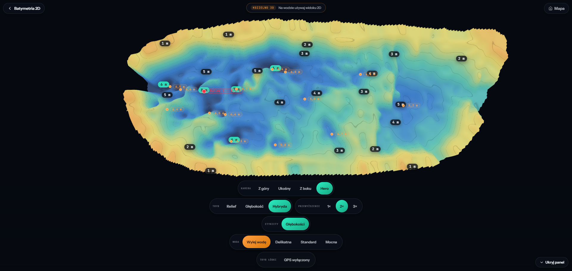 Widok 2D mapy glebin (mapa cieplna) akwenu w aplikacji fishRadar — kolory od zoltego do ciemnoniebieskiego oznaczaja rozne glebokosci, widoczne markery lowisk i panel filtrowania glebokosci