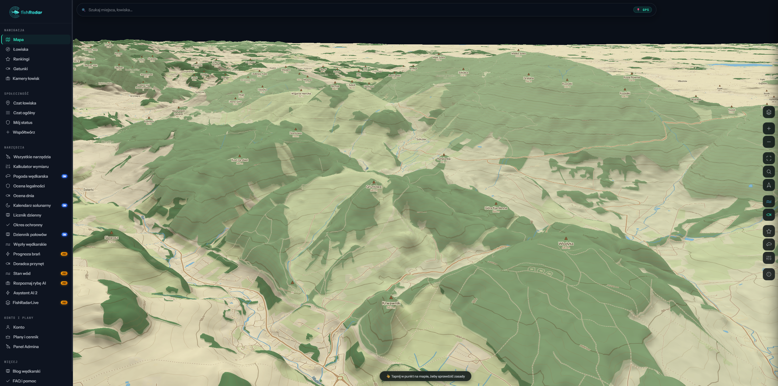 Interaktywna mapa topograficzna 3D w fishRadar — trojwymiarowy widok uksztaltowania terenu z liniami konturowymi, dolinami i wzgorzami