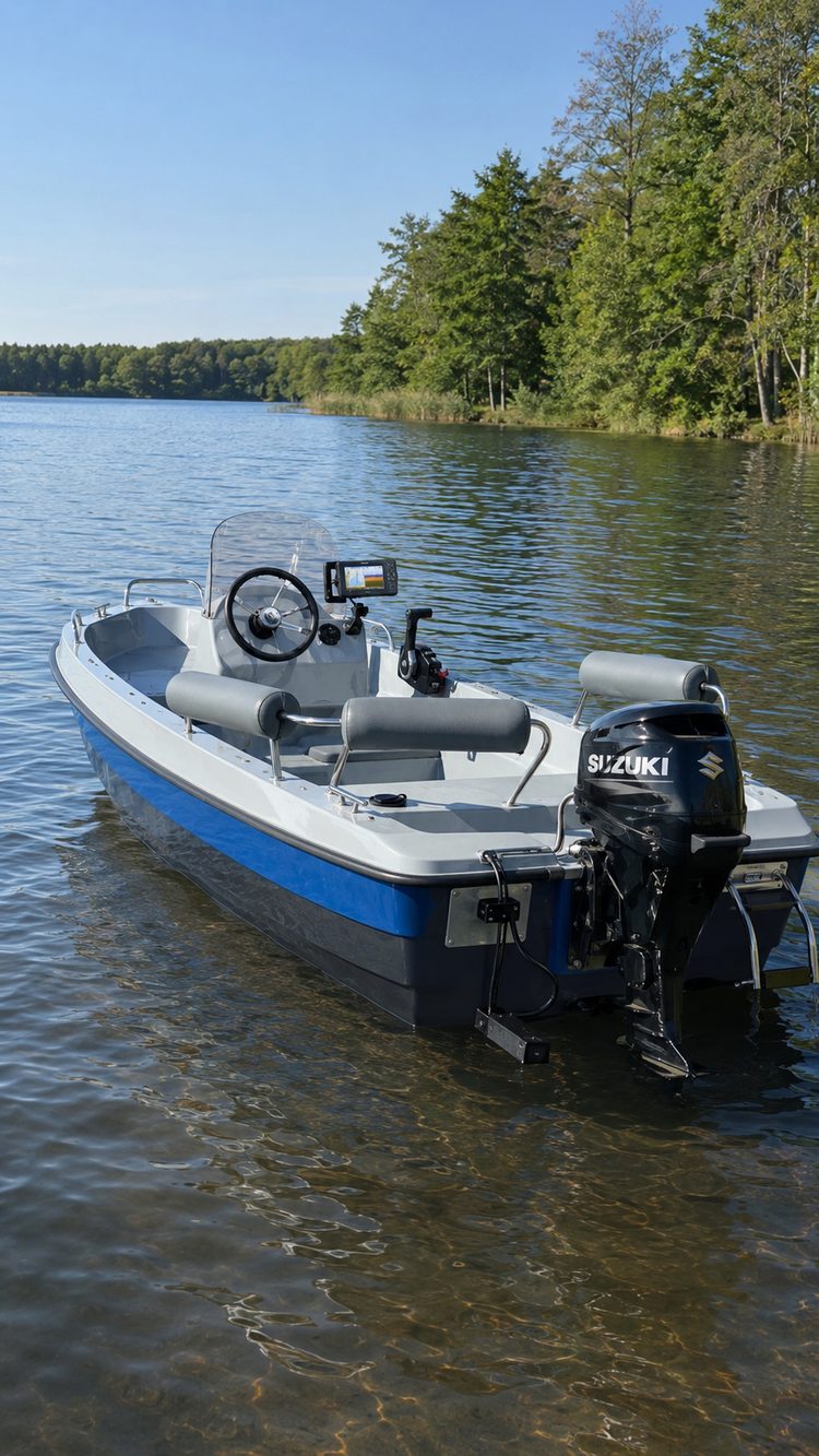 Łódź pomiarowa fishRadar o zachodzie słońca — niebieski kadłub i perspektywa od dziobu na spokojną taflę jeziora