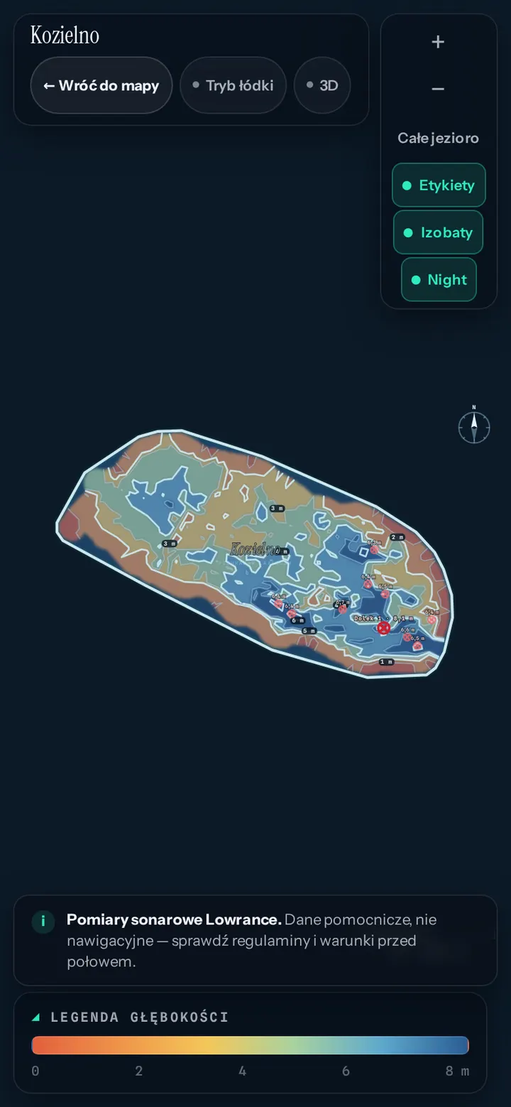 Mapa batymetryczna jeziora Kozielno z izobatami i legendą głębokości do 8 m