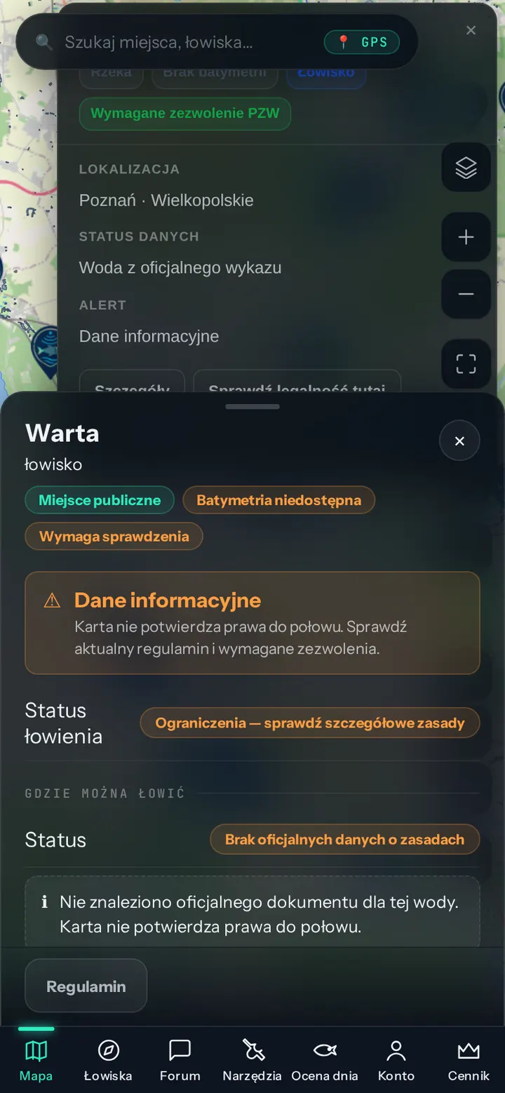 Karta łowiska na rzece Warcie z oznaczeniem dostępności, statusem danych i informacją o zezwoleniu