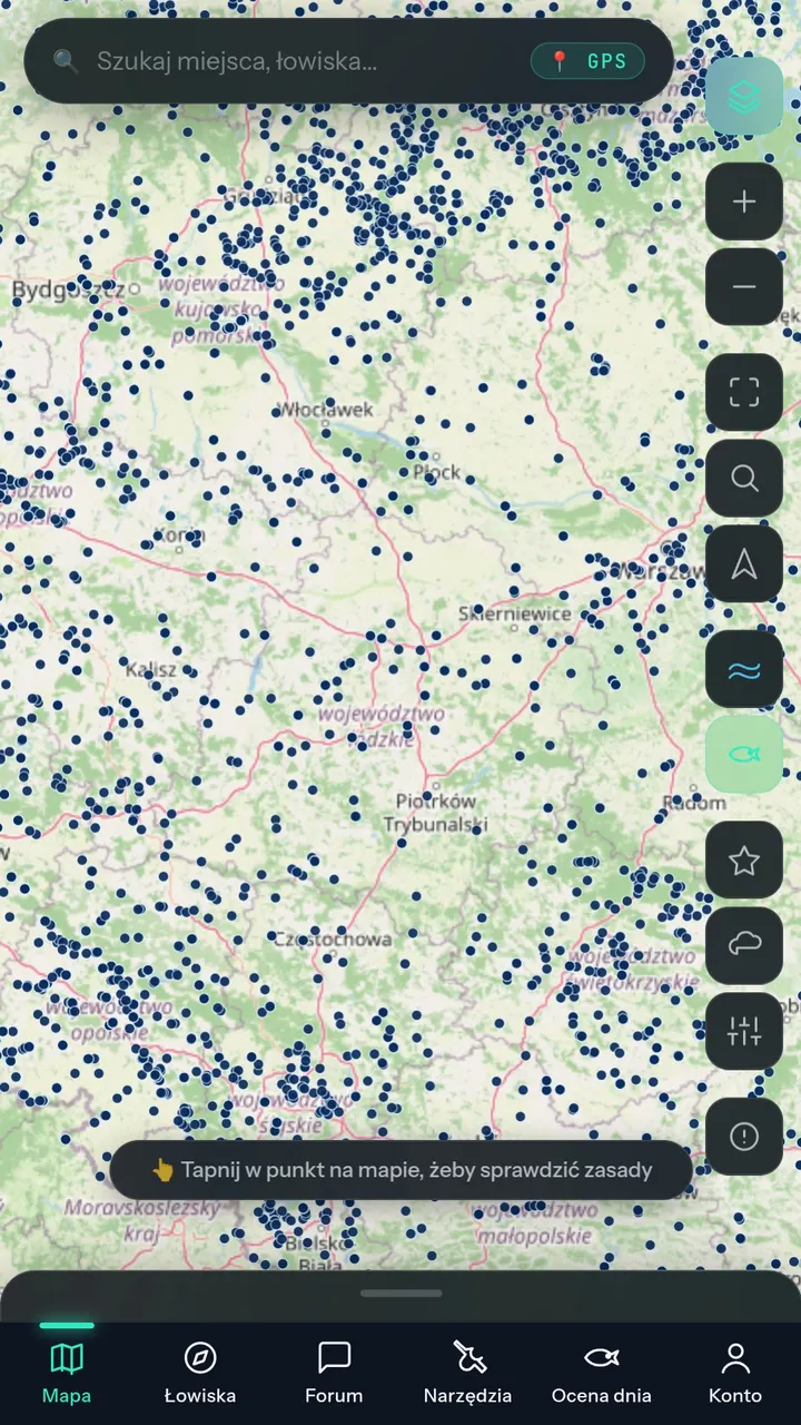 Mapa łowisk w aplikacji FishRadar na Androidzie z wyszukiwarką, przyciskiem GPS i dolnym menu
