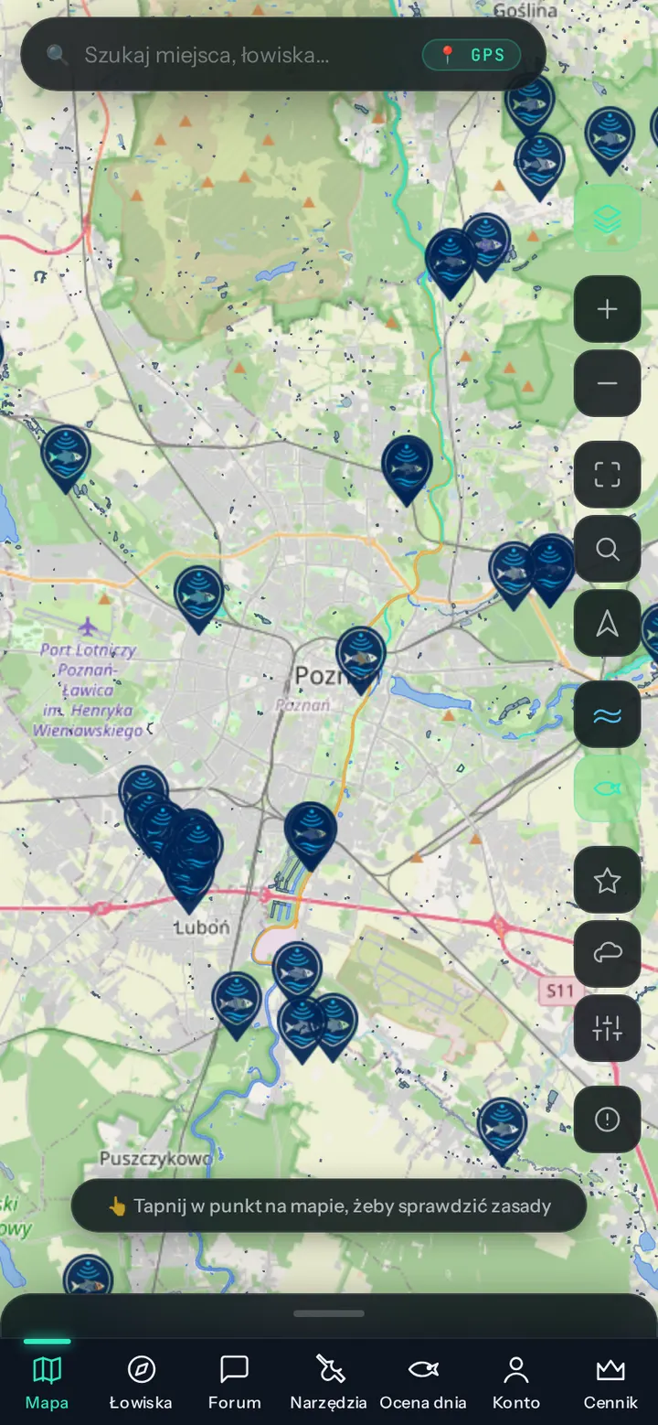 Mapa łowisk FishRadar w okolicy Poznania z pinezkami łowisk i paskiem nawigacji aplikacji