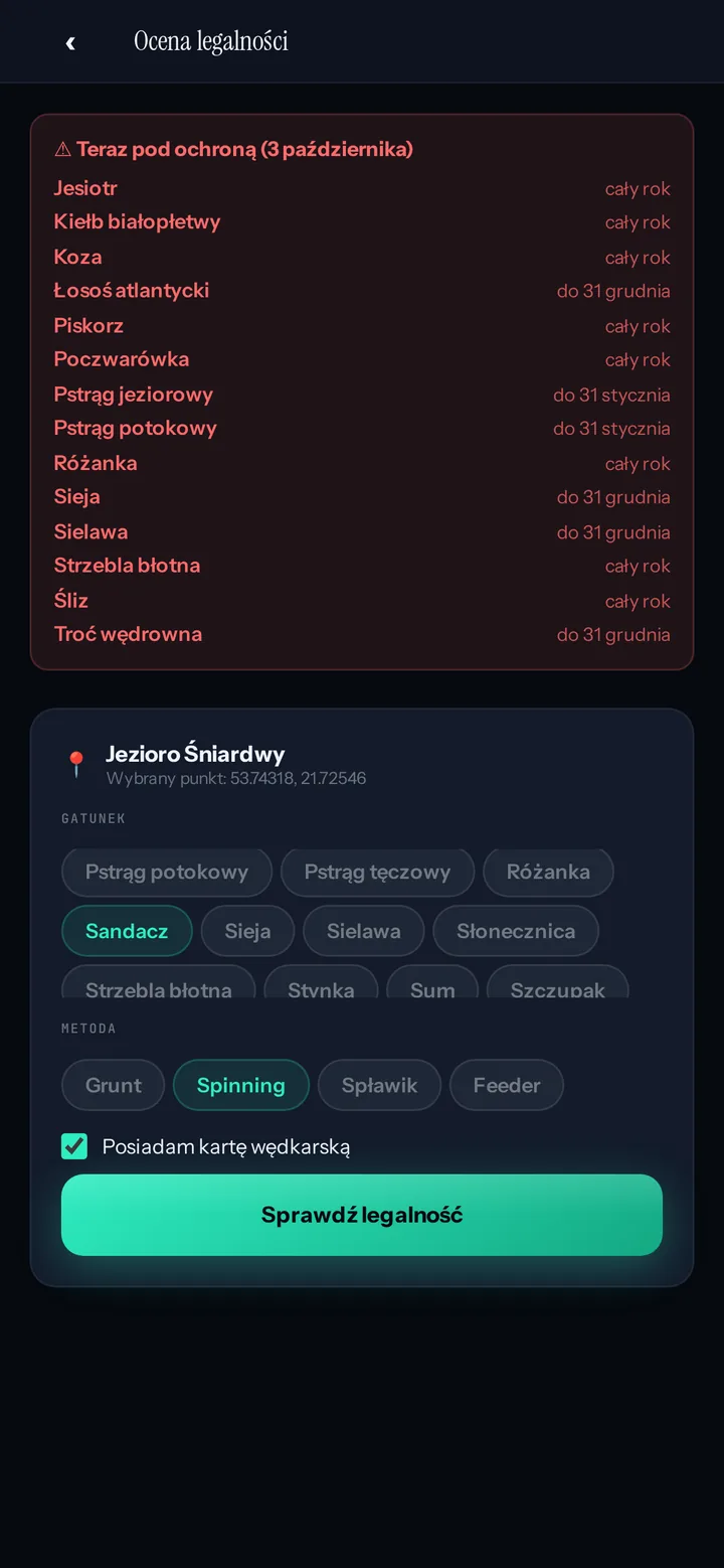 Ocena legalności połowu na jeziorze Śniardwy: lista gatunków pod ochroną z datami, wybrany sandacz i metoda spinningowa
