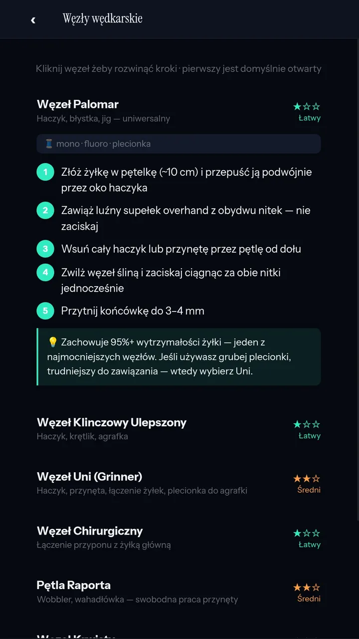 Ekran węzłów wędkarskich w aplikacji na Androida z instrukcją wiązania węzła Palomar krok po kroku